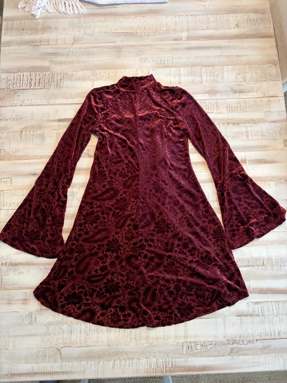 Old Navy Burgundy Velvet Burnout Paisley Bell Sleeve Dress — Size S